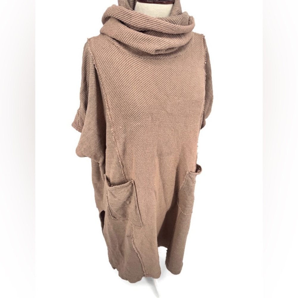 Free People FP Beach‎ Taupe Chunky Knit Cowl Neck Poncho Sweater Dress Tunic M/L